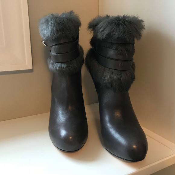Coach Janeva Rabbit Fur Trimmed Grey Leather Boots - Picture 5 of 6